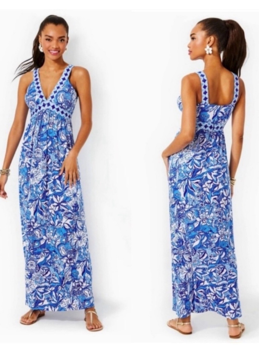 Lilly Pulitzer V-neck Serena Maxi Blue Tang Flocking Fabulous dress.  Size 12